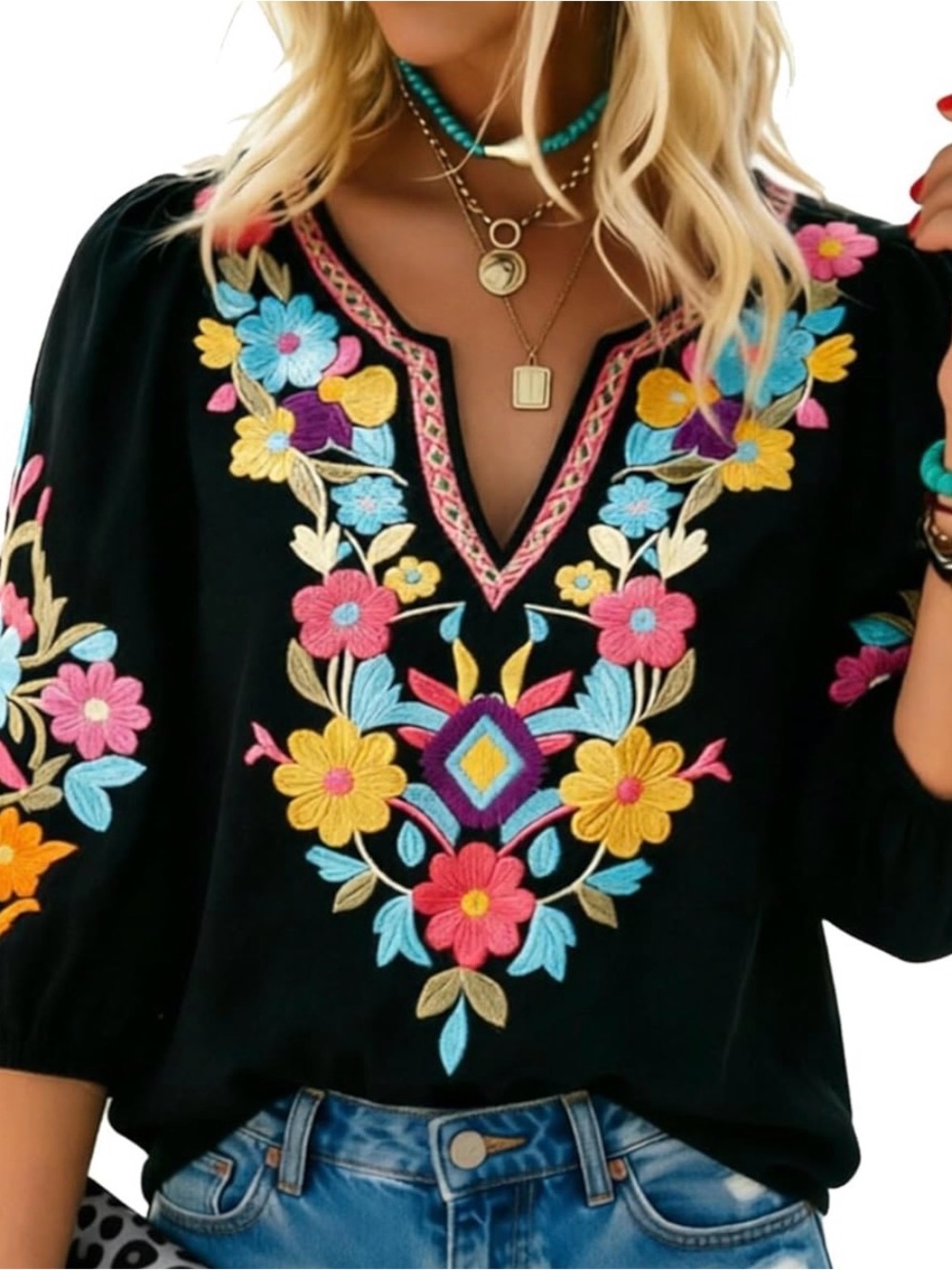 Boho Floral Embroidered Black V-Neck Top - NWT - all sizes available